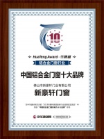 新豪轩门窗获2019中国铝合金门窗十佳品牌、十大品牌荣誉